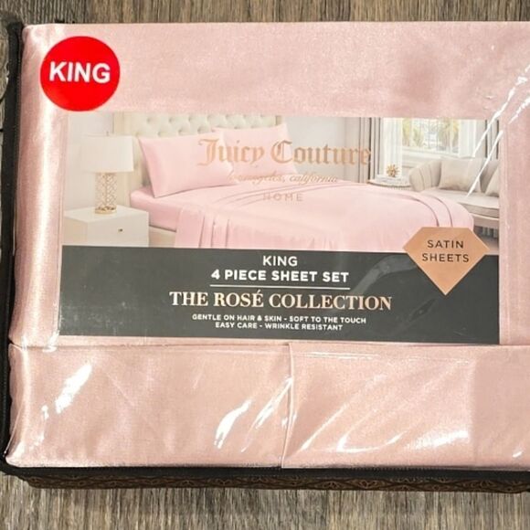 Juicy Couture The Rose Collection Silky Satin 4-PC King Sheet Set- Pink - Picture 13 of 13